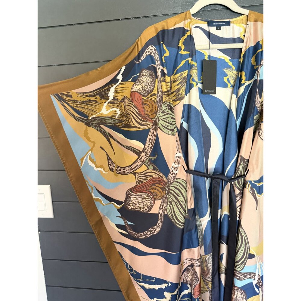 NWT Jim Thompson Slipper Orchid Silk Kimono Kaftan Dress Beige - Picture 6 of 7